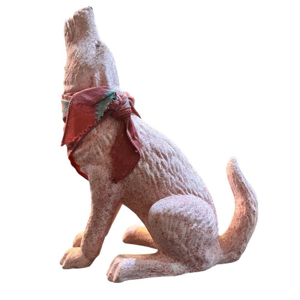 Artisan Ceramic Pink Glazed Howling Coyote Southwestern Bandana.10" Wolf Figure
